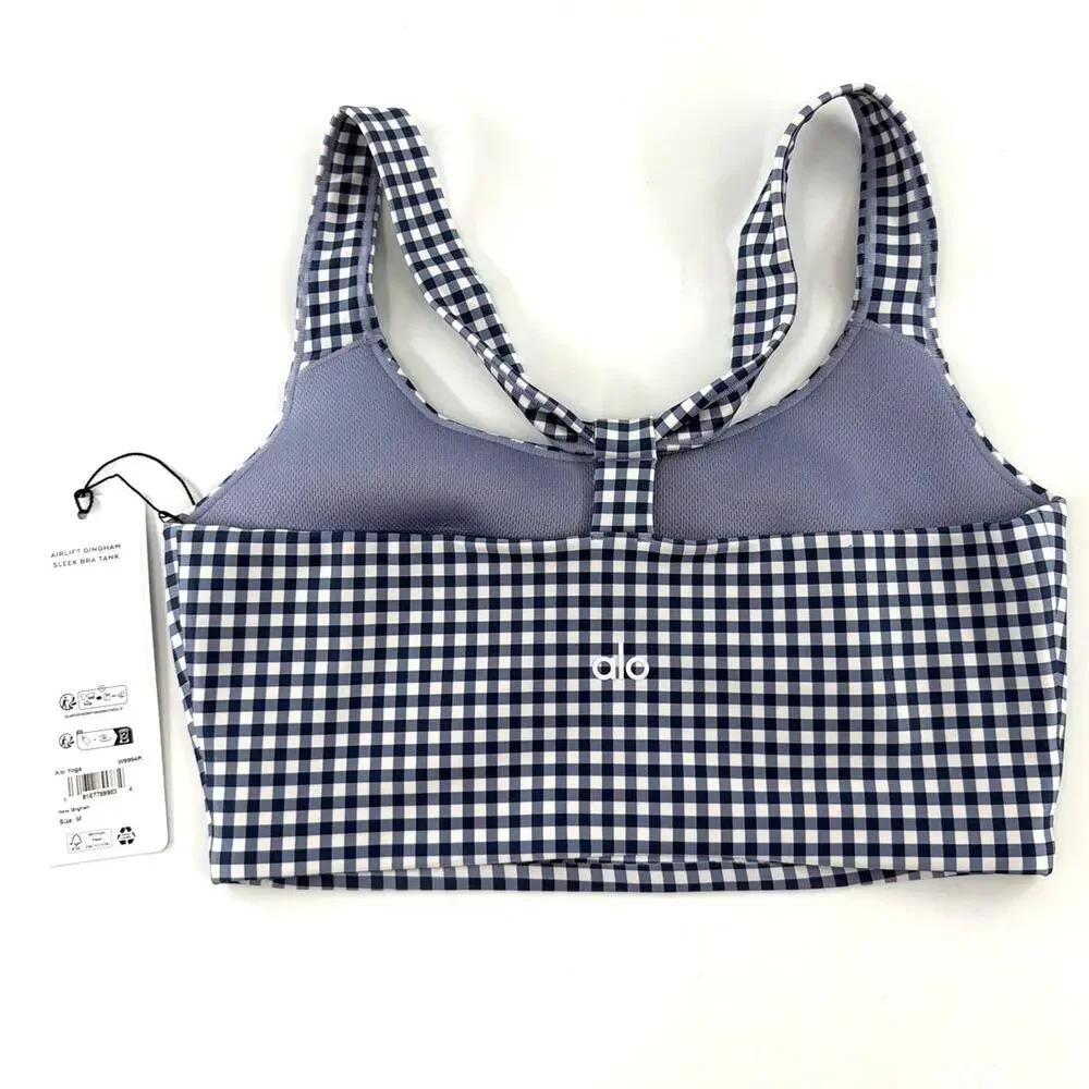 Alo Yoga Airlift Gingham Sleek Bra Tank Navy Size M